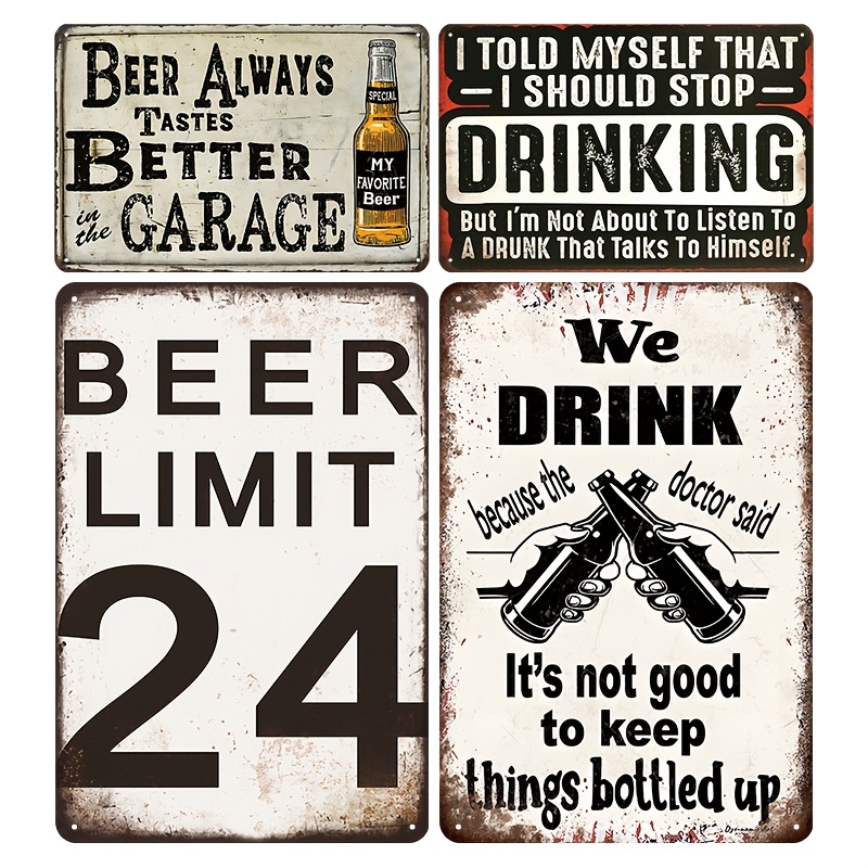 Wine Beer Pub - 4 stuks vintage bier- en wijnmetalen